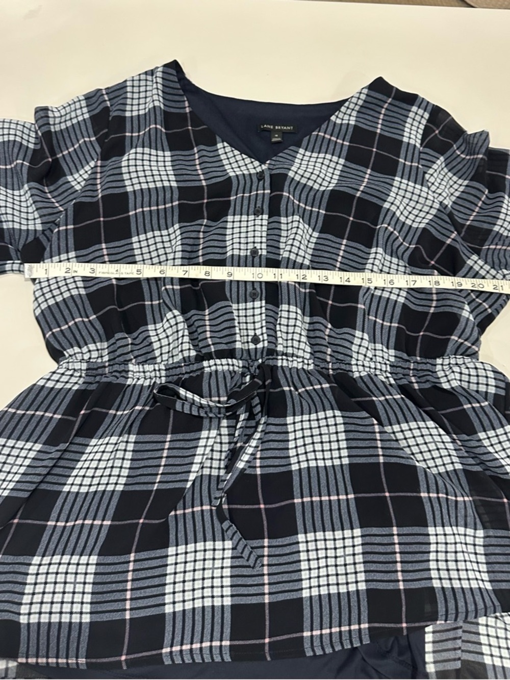 Lane Bryant Navy and Light Blue Plaid V-Neck Button Front Top - Picture 3 of 4